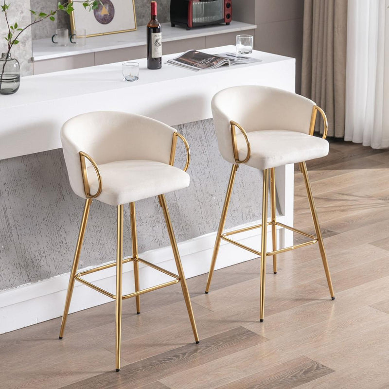 26 Inch Set of 2 Bar Stools,with Chrome Footrest and Base Velvet + Golden Leg Simple Bar Stoo,CREAM