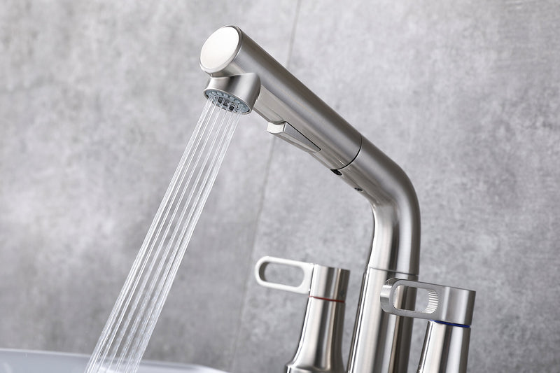 2 Handle Bathroom Sink Faucet 3 Hole with Pull Out Sprayer, Centerset Bathroom Faucets, 4 Inch Centerset Bathroom Faucet with Retractable Hose, Hot and Cold Water Mixing Faucet