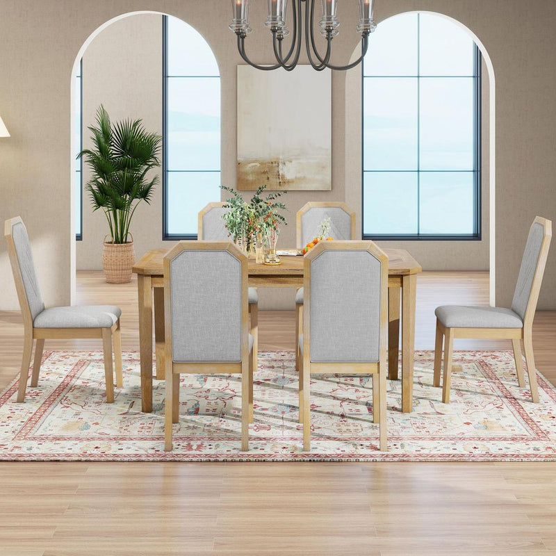 7-Piece Farmhouse Dining Set Classic Rustic Table and 6 high-back design Chairs for Dining Room, Kitchen (Natural Wood Wash)