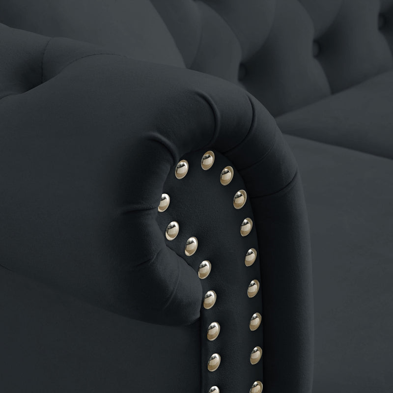 80" Chesterfield Sofa Black Velvet for Living Room, 3 Seater Sofa Tufted Couch with Rolled Arms and Nailhead for Living Room, Bedroom, Office, Apartment, two pillows