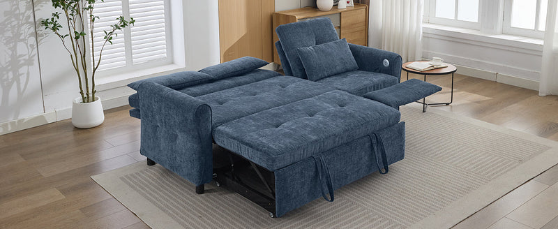 2-in-1 Sofa 82' Three-seater Sofa with Sofa Bed and Reversible Recliner, Blue Chenille