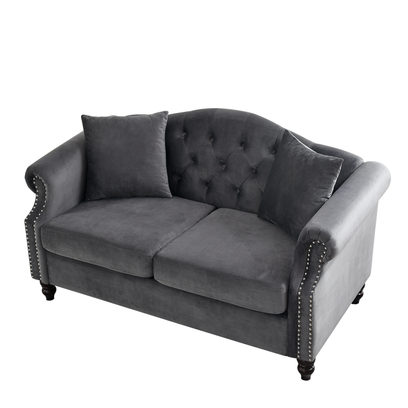 57" Chesterfield Sofa Grey Velvet for Living Room, 2 Seater Sofa Tufted Couch with Rolled Arms and Nailhead for Living Room, Bedroom, Office, Apartment, two pillows