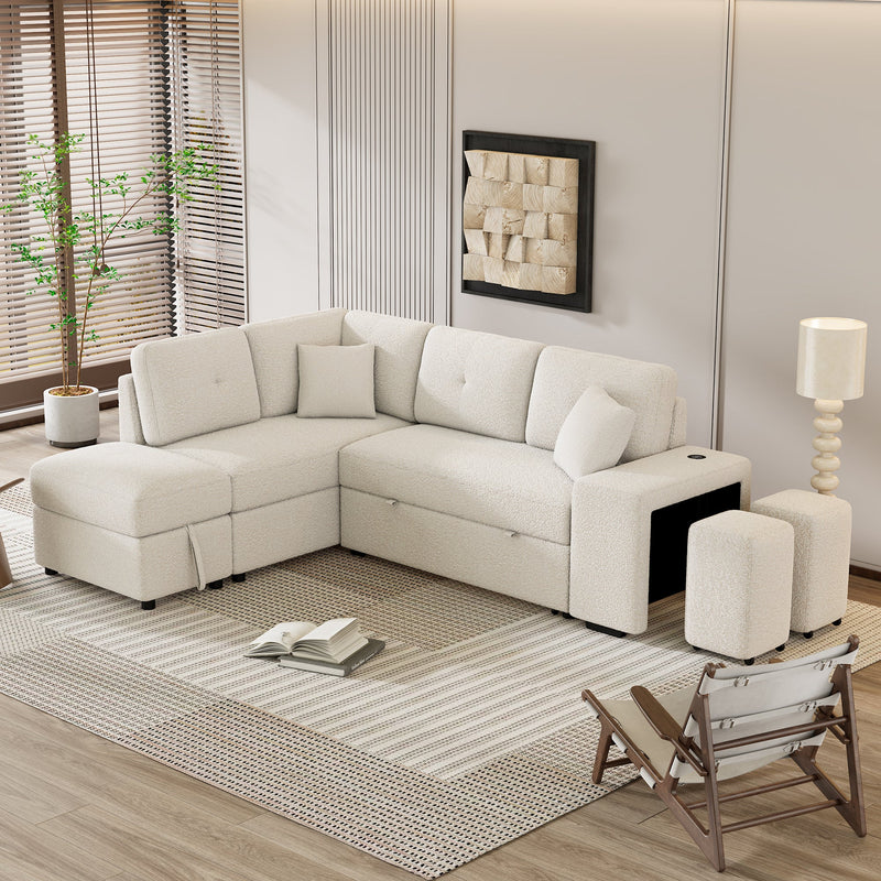 87.7" Convertible Sleeper, Sectional Pull Out Sofa Bed with Storage Ottoman, 2 Throw Pillows, 2 Stools, Wireless Charger and Two Hidden USB Ports for Living Room, Cream