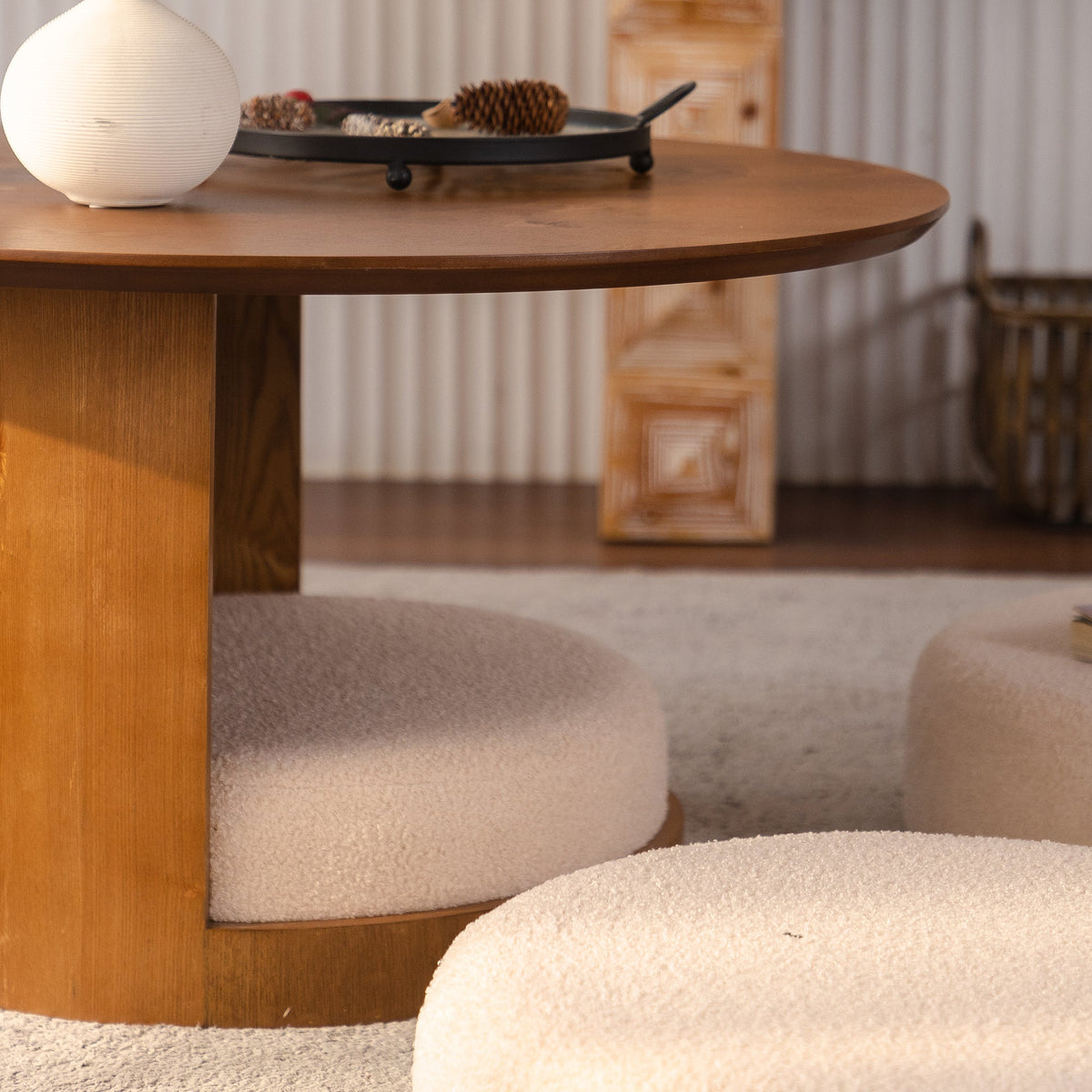 31.5" Round Wood Coffee Table with 3 Teddy Fabric Nesting Stools, photo 10 of 10