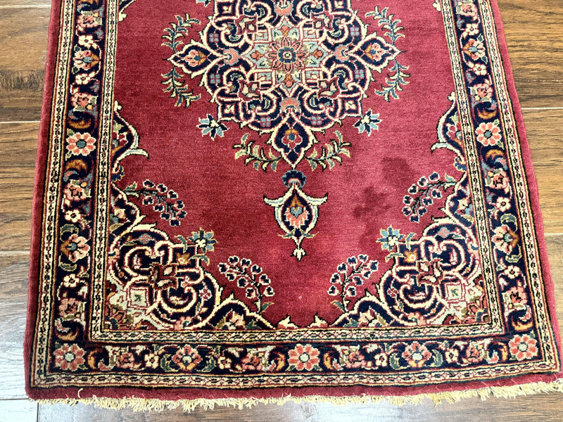 Small Persian Kashan Rug 2x3, Red and Navy Blue, Handmade Vintage Wool Semi Antique Persian Carpet, Semi Open Field