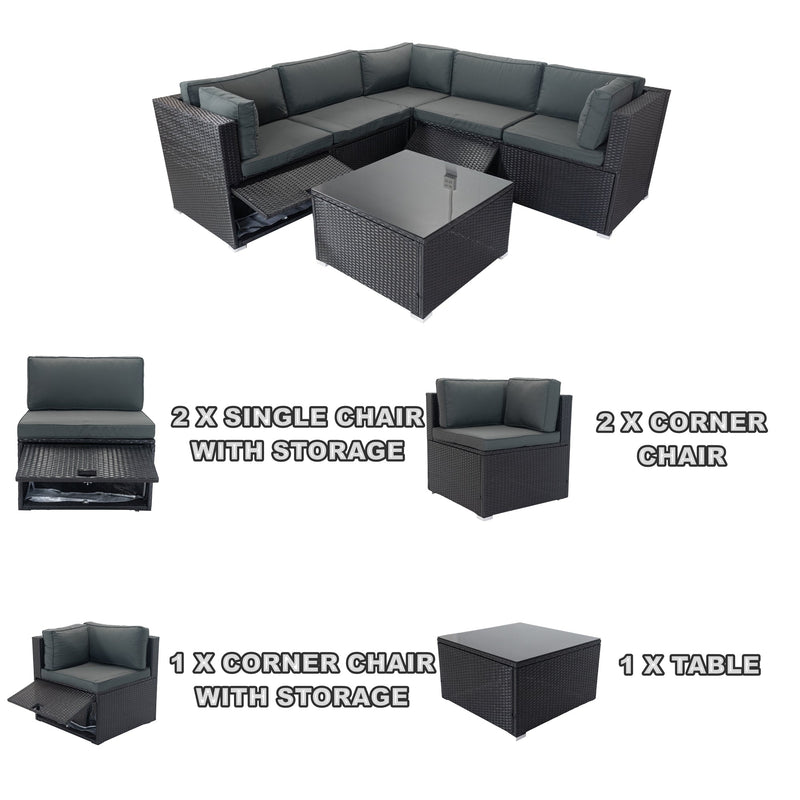 6 Pieces PE Rattan sectional Outdoor Furniture Cushioned Sofa Set with 3 Storage Under Seat Black Wicker + Dark Grey Cushion