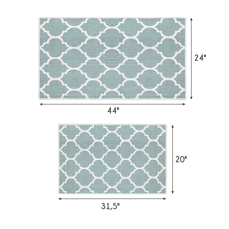 Geometric Design Non Skid Washable Kitchen Runner Rugs Set of 2| 44 x 24 and 31.5 x 20 Inches Floor Mats |Light Teal