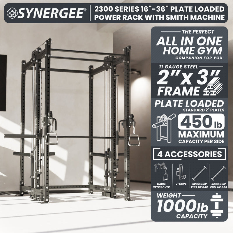 Synergee 2300 Series Power Cage with Plate Loaded Cable Cross Overs and Smith Machine