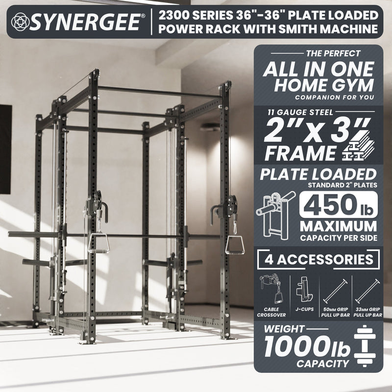 Synergee 2300 Series Power Cage with Plate Loaded Cable Cross Overs and Smith Machine