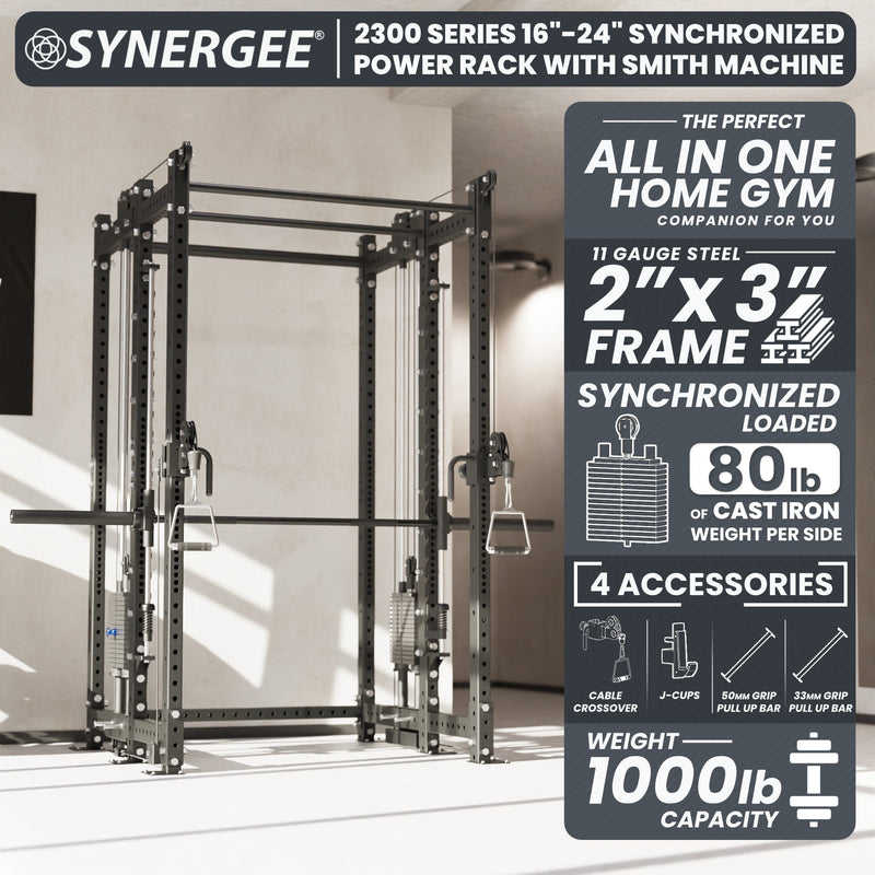 Synergee 2300 Series Power Cage with Synchronized Loaded Cable Cross Overs and Smith Machine