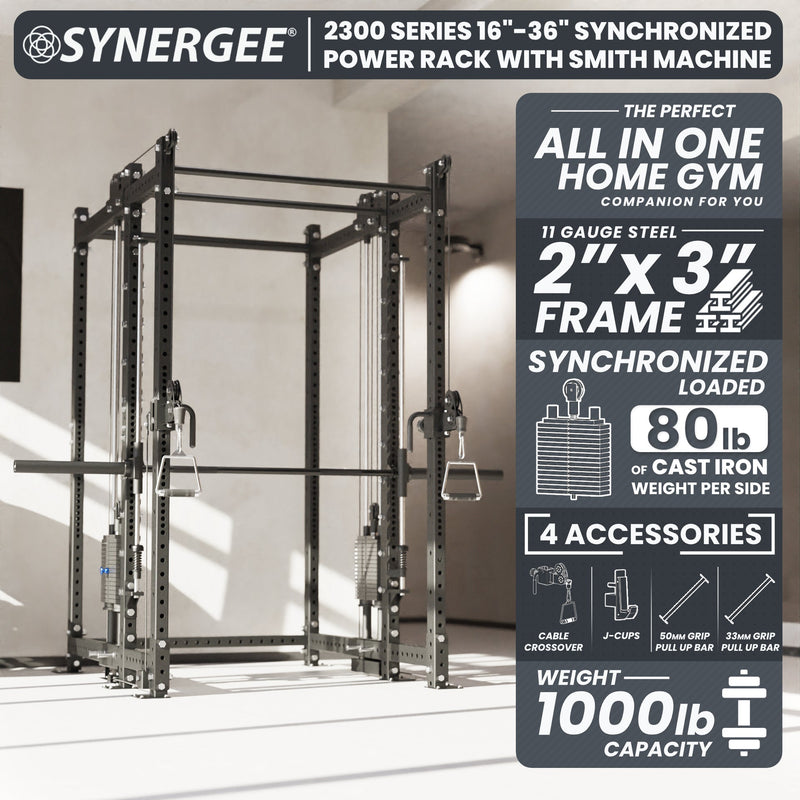 Synergee 2300 Series Power Cage with Synchronized Loaded Cable Cross Overs and Smith Machine