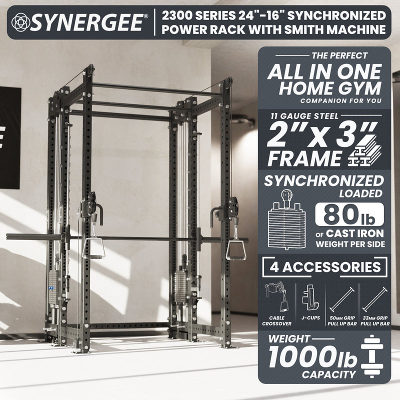 Synergee 2300 Series Power Cage with Synchronized Loaded Cable Cross Overs and Smith Machine