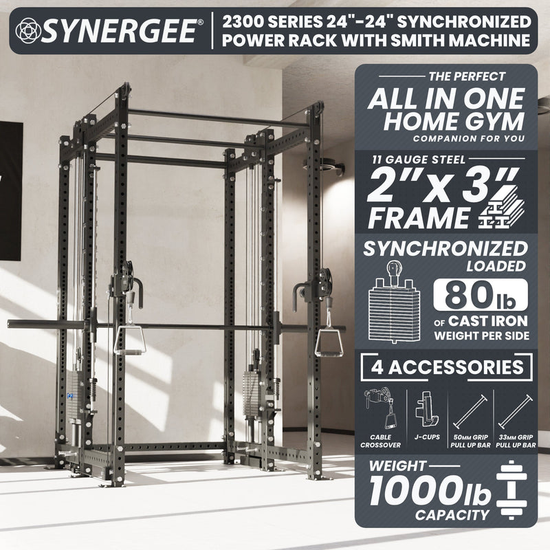 Synergee 2300 Series Power Cage with Synchronized Loaded Cable Cross Overs and Smith Machine