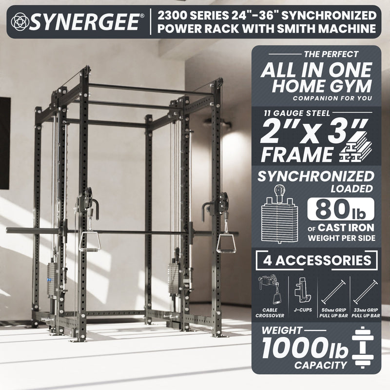Synergee 2300 Series Power Cage with Synchronized Loaded Cable Cross Overs and Smith Machine