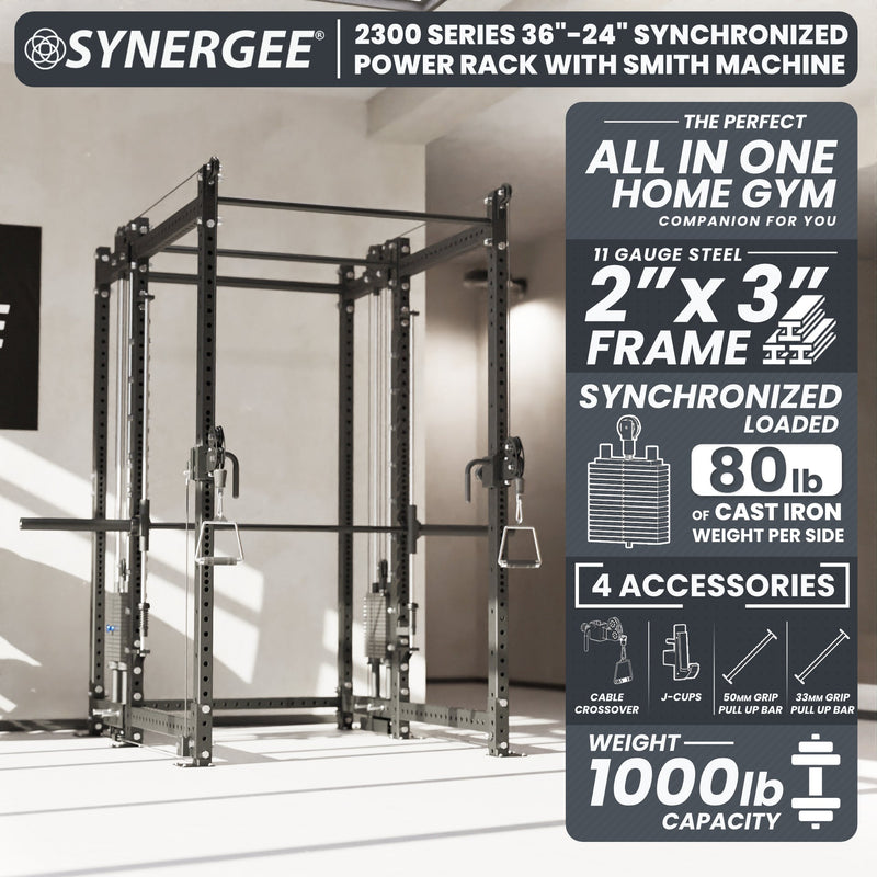Synergee 2300 Series Power Cage with Synchronized Loaded Cable Cross Overs and Smith Machine