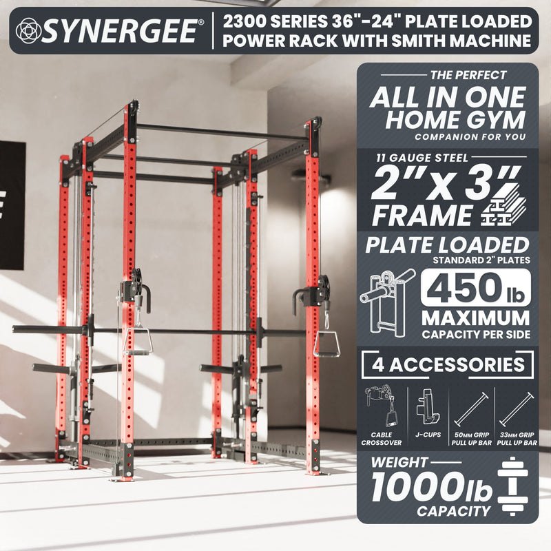 Synergee 2300 Series Power Cage with Plate Loaded Cable Cross Overs and Smith Machine