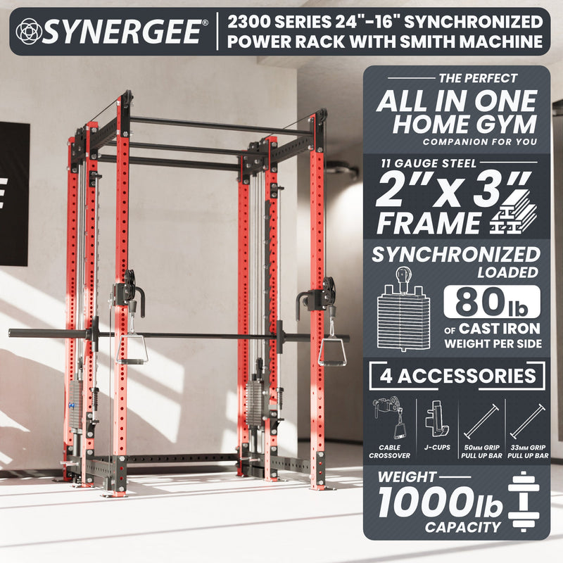Synergee 2300 Series Power Cage with Synchronized Loaded Cable Cross Overs and Smith Machine
