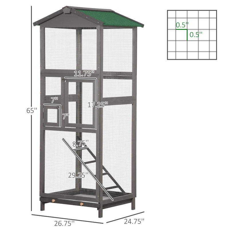 65" Wooden Bird Cage Outdoor Aviary House for Parrot, Parakeet, with Pull Out Tray and 2 Doors, Grey