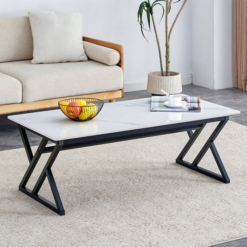 A modern minimalist style white marble patterned coffee table with black metal legs. Computer desk. Game table. Tea table. CT-XX