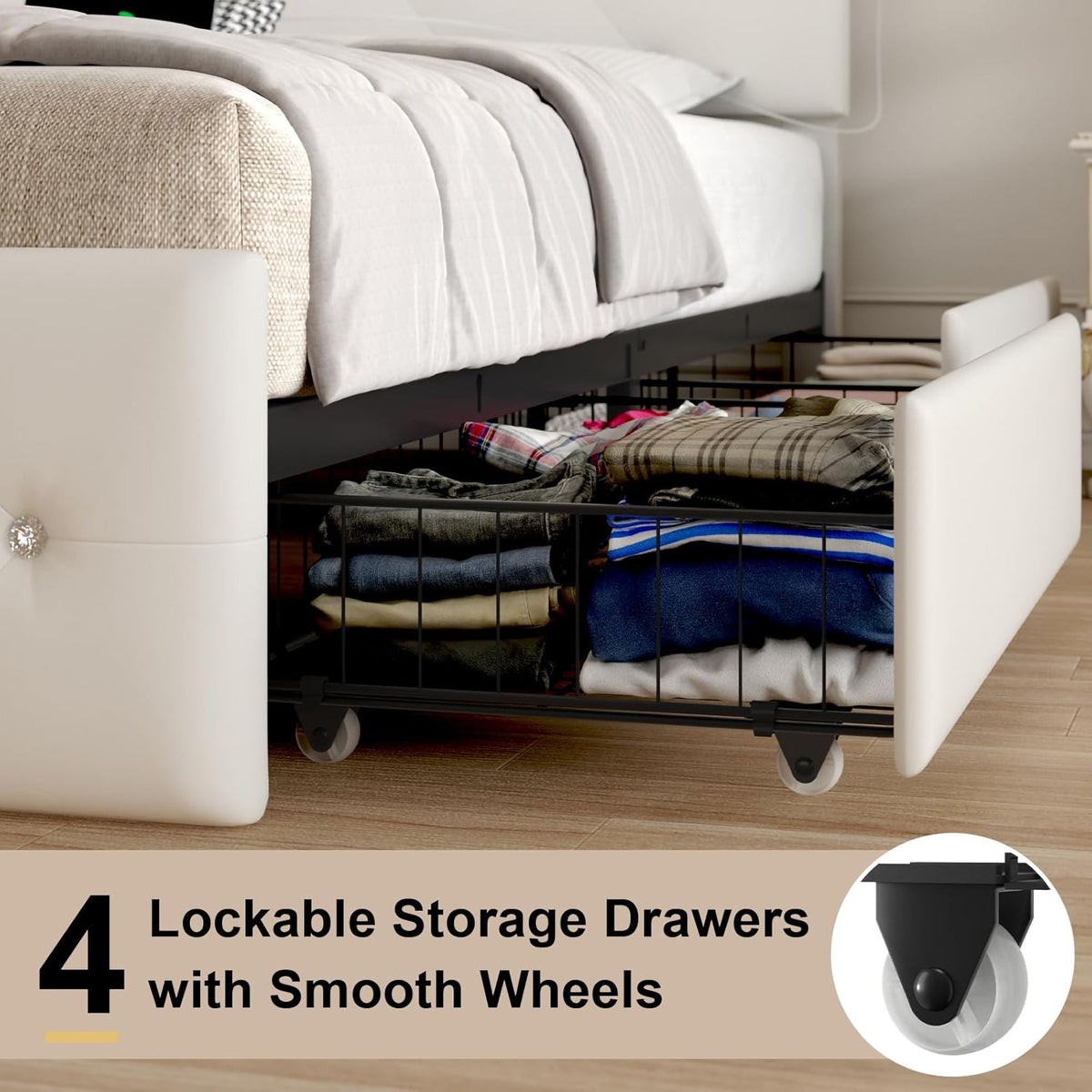 Upholstered Bed Frame With LED Lights, 4 Storage Drawers, Charging Station, photo 5 of 31