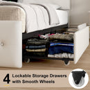 Upholstered Bed Frame With LED Lights, 4 Storage Drawers, Charging Station