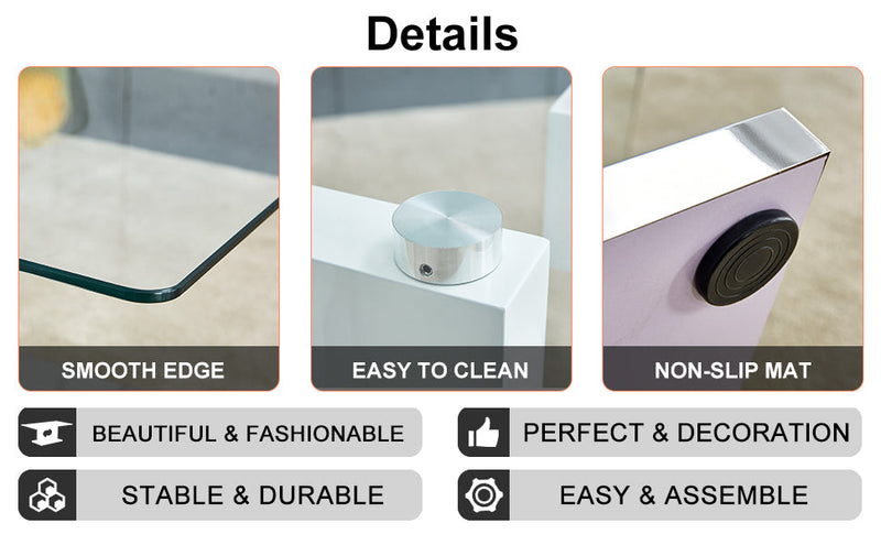 A rectangular modern and fashionable coffee table with tempered glass tabletop and white MDF legs. Suitable for living room.47.2"x25.5"x18"