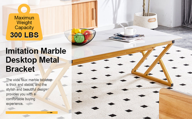 A modern minimalist style white marble patterned coffee table with golden metal legs. Computer desk. Game table. Tea table. CT-XX