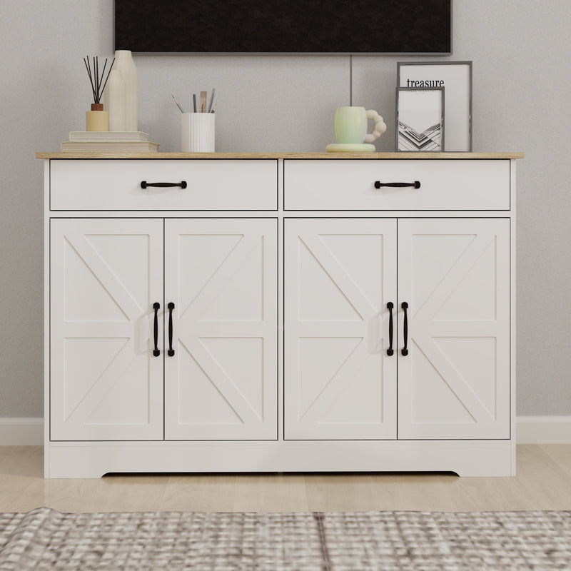 47.95" Farmhouse Buffet Cabinet Storage Sideboard with 2 Drawers and 4 Doors for Dining Living Room Kitchen Cupboard-White
