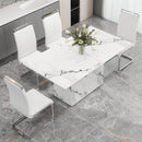 A simple dining table. A dining table with a white marble pattern. 4 PU synthetic leather high backrest cushioned side chairs with C-shaped silver metal legs. DT-SQ-16090-wh