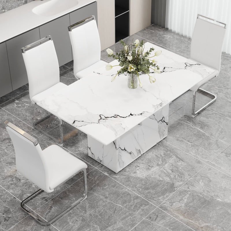 A simple dining table. A dining table with a white marble pattern. 4 PU synthetic leather high backrest cushioned side chairs with C-shaped silver metal legs. DT-SQ-16090-wh