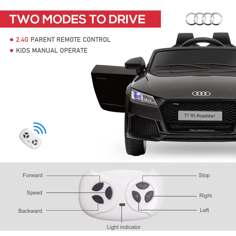 6V Kids Electric Ride On Car, Licensed Audi TT RS with Suspension System and Remote Control, Horn, 5 Songs, Lights, MP3 Player - Black