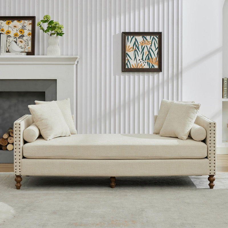 75.2'' Wide Upholstered Chaise Lounge Indoor with Nailheads,Sleeper Sofa Couch With 4 Throw Pillows&2 Bolsters,Daybed with Rubberwood Legs For Living Room,Bedroom, Apartment,Guestroom,Beige Chenille
