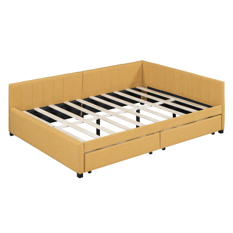 Full Size Upholstered Daybed with 2 Storage Drawers Sofa Bed Frame No Box Spring Needed, Linen Fabric (Yellow)