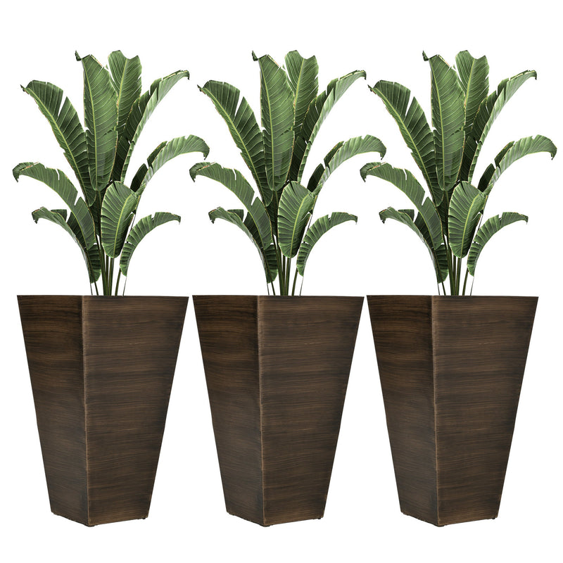 28" Tall Outdoor Planters, Set of 3 Large Taper Planters with Drainage Holes and Plug, Faux Wood Plastic Flower Pots for Outdoor, Indoor, Garden, Patio, Brown