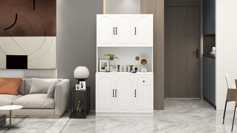 71" Kitchen Pantry Storage Cabinet with Microwave Oven Countertop, Freestanding Hutch Cabinet with Adjustable Shelves, 6 Doors and 1 Drawer-White