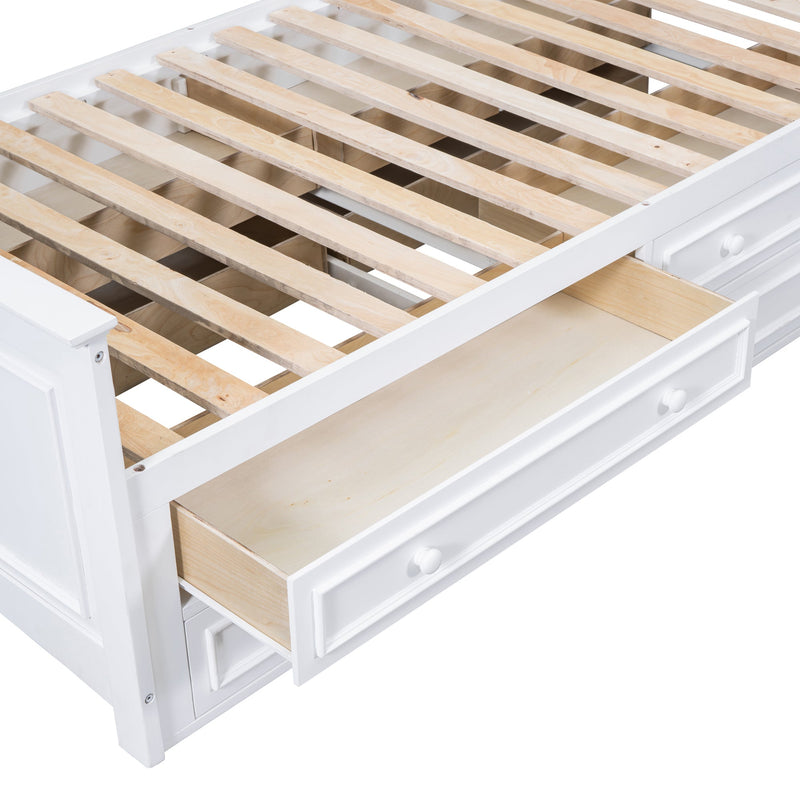 Twin Size Wood Platformbed with Vertical All-in-One Cabinet and 4 Drawers on each side, White