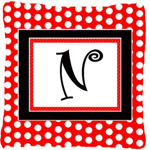 Letter N Initial Monogram Red Black Polka Dots Decorative Canvas Fabric Pillow