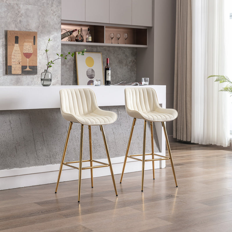 30 inch Set of 2 Bar Stools, with Chrome Footrest Velvet Fabric Counter Stool Golden Leg Simple High Bar Stool, CREAM