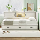 Twin Size L - Shaped Captain Bed With Drawer And Bookcase, LED Downlight And USB Charging Station - White by HouseOfZazla