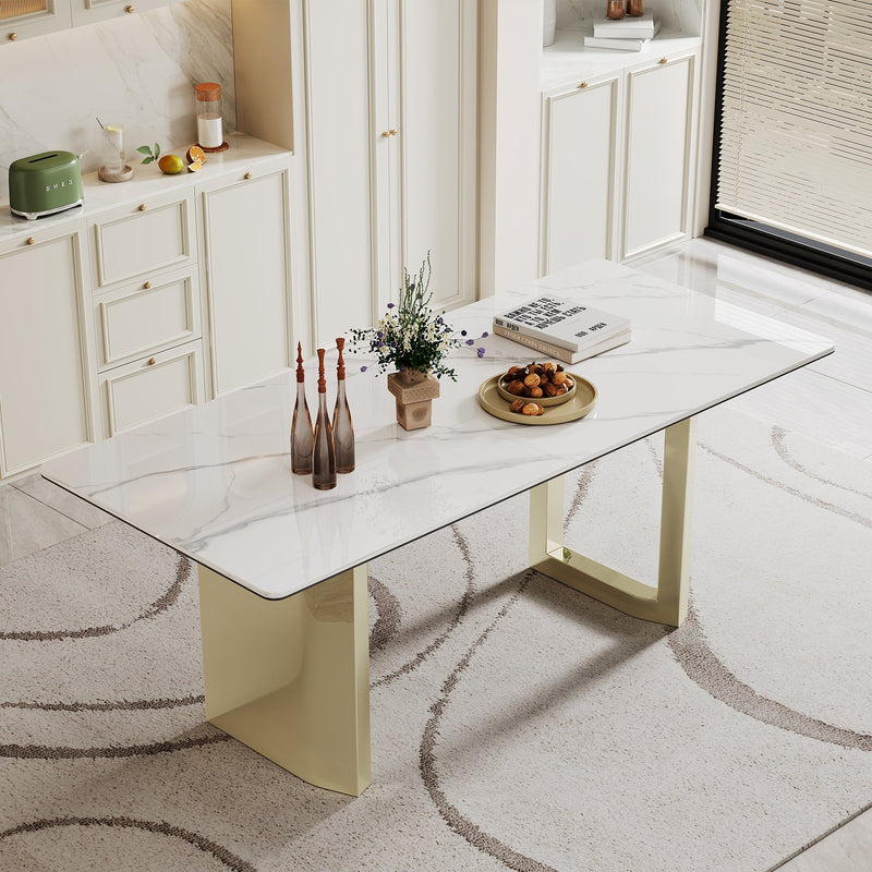 0.47" Thick Sintered Stone Composite Tempered Glass Top Rectangular Dining Table with Stainless Steel Base