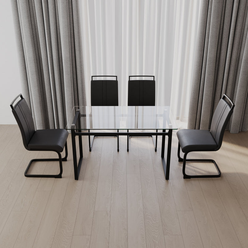 51 inch Glass Dining Table Set for 4, Dining Table & Chair Sets with Black Metal Legs for Kitchen, Modern Rectangle Tempered Glass Table Top and PU Dining armless Chair for Dining Room