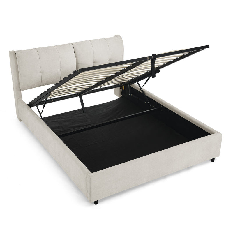 Queen Size Storage Upholstered Hydraulic Platform Bed with Integrated Headboard, Chenille Fabric, Beige