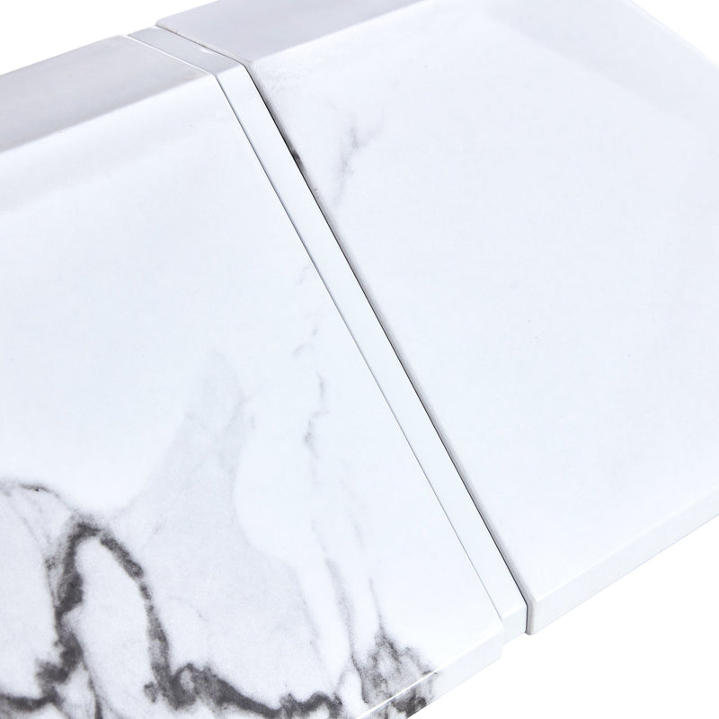 A simple dining table. A dining table with a white marble pattern. 4 PU synthetic leather high backrest cushioned side chairs with C-shaped silver metal legs. DT-SQ-16090-wh