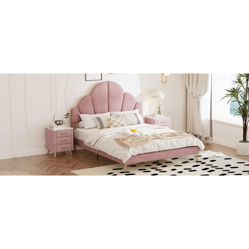 3 Pieces Bedroom Sets, Queen Size Modern Velvet Upholstered Bed Frame with  Petal Shape Headboard, 3 Drawers Nightstands, Pink