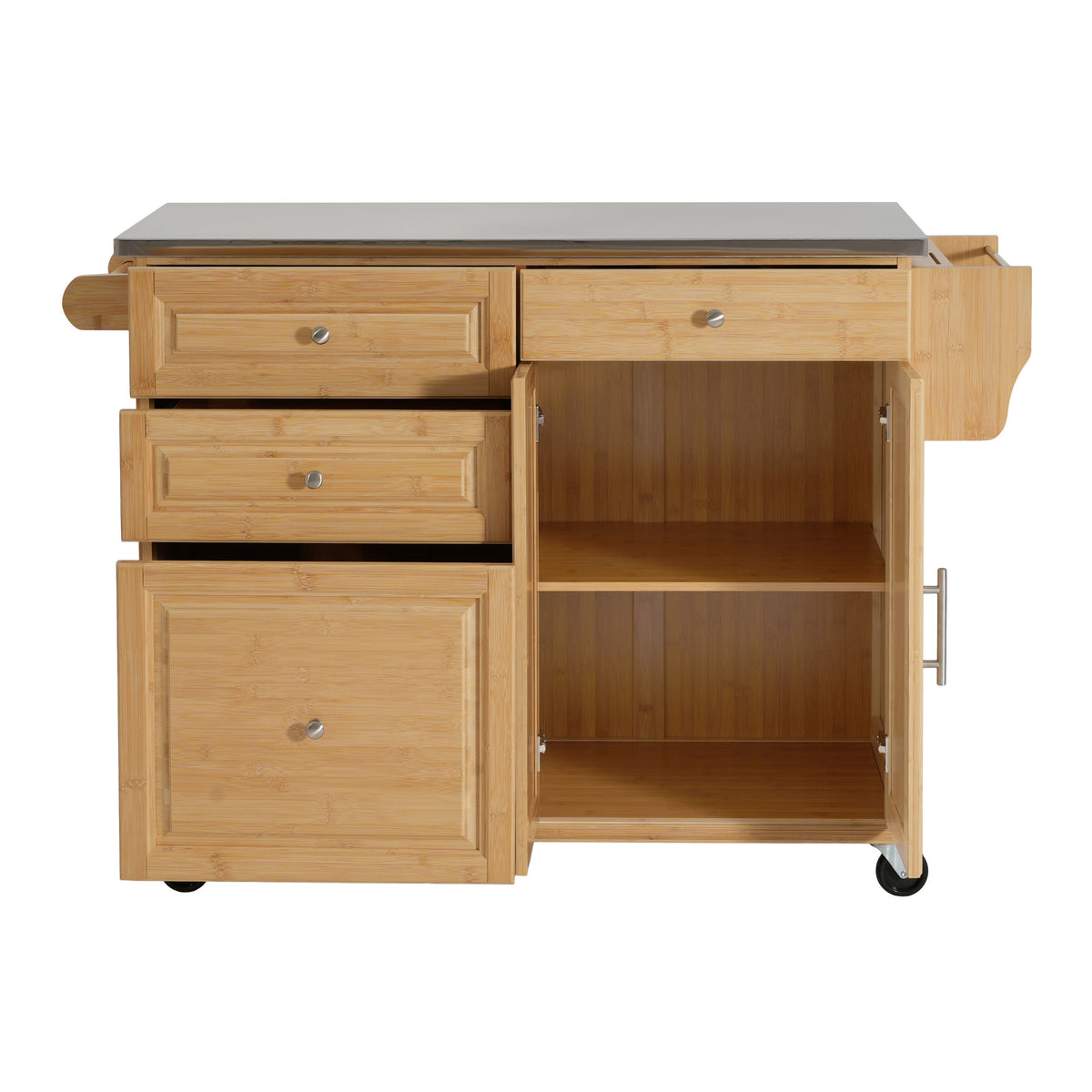 Indoor Bamboo Rolling Kitchen Island with Stainless Steel Top, photo 7 of 10
