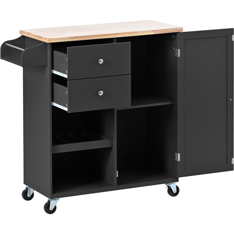 Kitchen Cart with Spice Rack, Towel Rack & Two Drawers, Rubber wood top, Kitchen Island with 4 Wheels for Dining Rooms Kitchens Living Rooms, Black