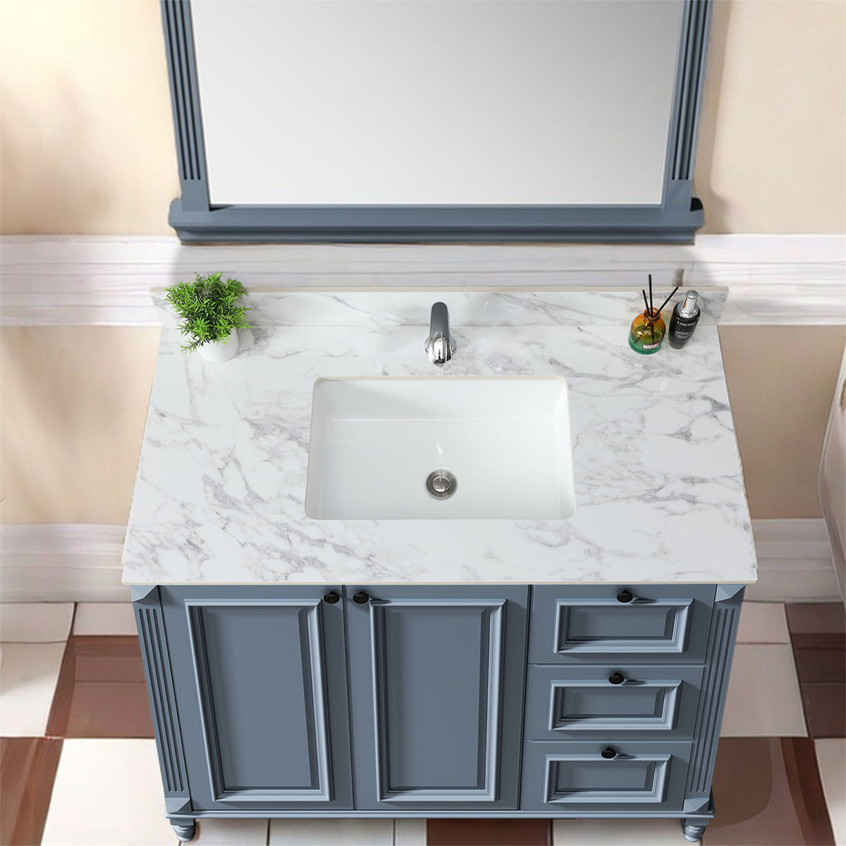 Elegant Bathroom Vanity Top With Rectangular Ceramic Sink And Backsplash, photo 5 of 19