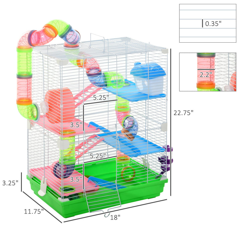 18" 5 Tier Hamster Cage with Tubes and Tunnels, Small Animal Cage with Portable Carry Handle, Rat Gerbil Cage with Water Bottle, Food Dish, Exercise Wheel