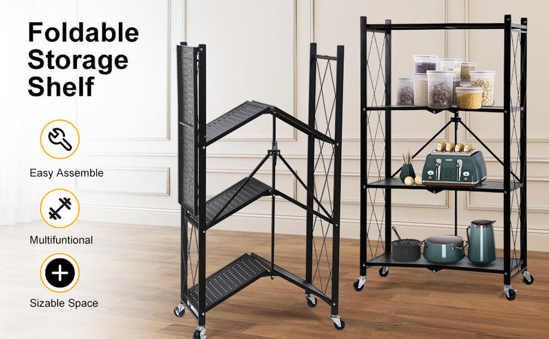 4-Tier Heavy Duty Foldable Metal Rack Storage Shelving Unit with Wheels Moving Easily Organizer Shelves Great for Garage Kitchen Holds up to 1000 lbs Capacity, Black