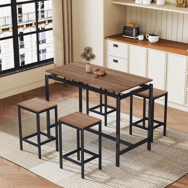 5-Piece Compact Bar Table Set with Table and Stools - Modern Industrial Design, Space-Saving Furniture for Dining Room and Breakfast Nook (Dark Brown)